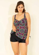 Tankini set- 2-delige- Plus size Badkleding Strandkleding Zwemkleding- Dames badmode Badpak Bikini FM99013- Zwart Rood meerkleurige print- Maat 60
