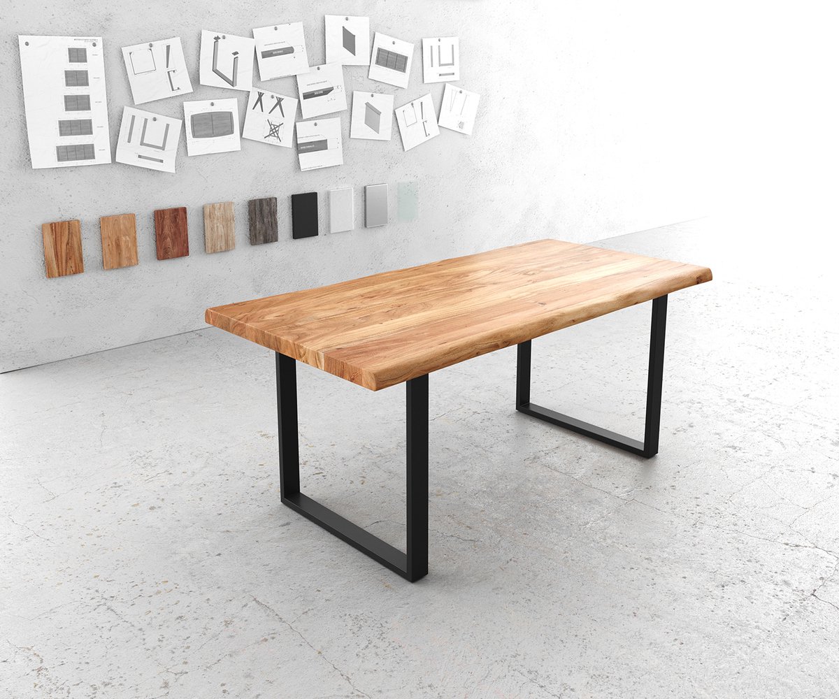 DELIFE Eettafel Edge acacia natuur 180x90 XL skidframe zwart Live-Edge eettafel Bruin