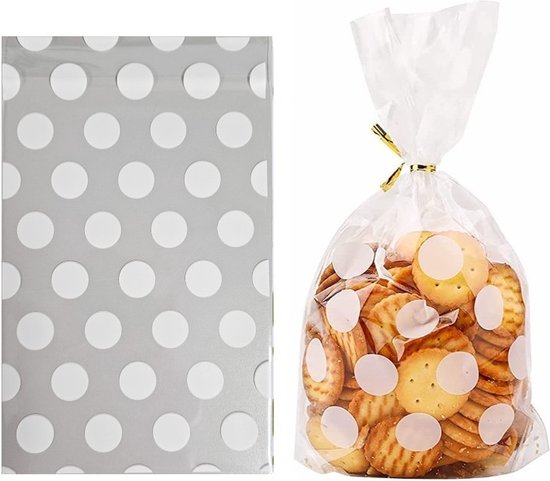 Fako Bijoux® - 100x Cellofaan Zakjes Stippen XL - Uitdeelzakjes - Plastic Traktatie Cadeau Zakjes - Snoepzakjes - Stippen - 13x21cm - Wit