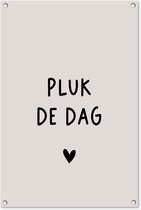 Tuinposter tekst - Pluk de dag - Quotes - Tuindecoratie Beige - Tuinschilderij voor buiten - Schutting decoratie - Tuin - 60x90 cm - Schuttingdoek - Tuindoek - Wanddecoratie buiten