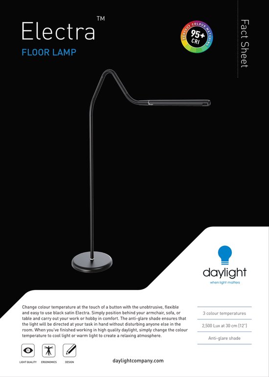 Daylight Electra - Staande vloerlamp - 3 lichtkleuren - Dimbaar - leeslamp - woonkamer - Zwart