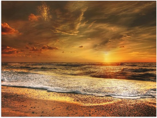 Poster (Mat) - Zee - Strand - Zand - Steentjes - Zonsondergang - 40x30 cm Foto op Posterpapier met een Matte look