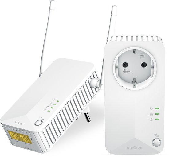 STRONG POWERLWF600DUOMINI POWERLINE 600 kleine en compacte kit 2 adapters Powerline Av600, Wireless Ac Dual Band 300 Mbps, 3 totale poorten, 2 stuks, wit, Ethernet