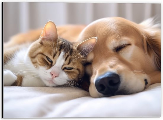 Dibond - Hond en kat liggen tegen elkaar aan te slapen - 40x30 cm Foto op Aluminium (Wanddecoratie van metaal)