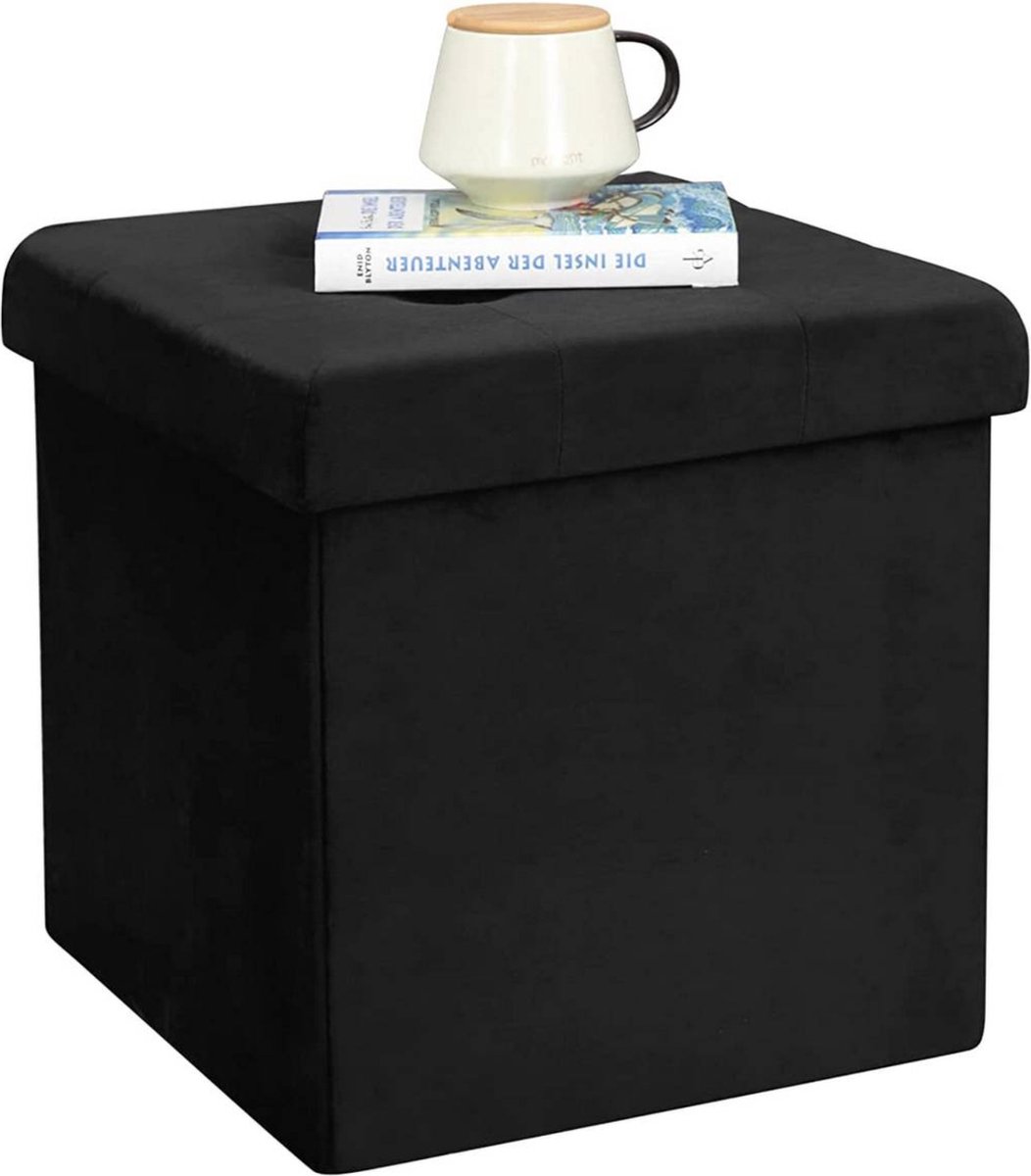 Happyment Poef Mesi - Met opbergruimte - Opbergbank Poef - Opbergbox hocker - Zitkist met deskel - Zwart - Velvet - 50x35x45cm