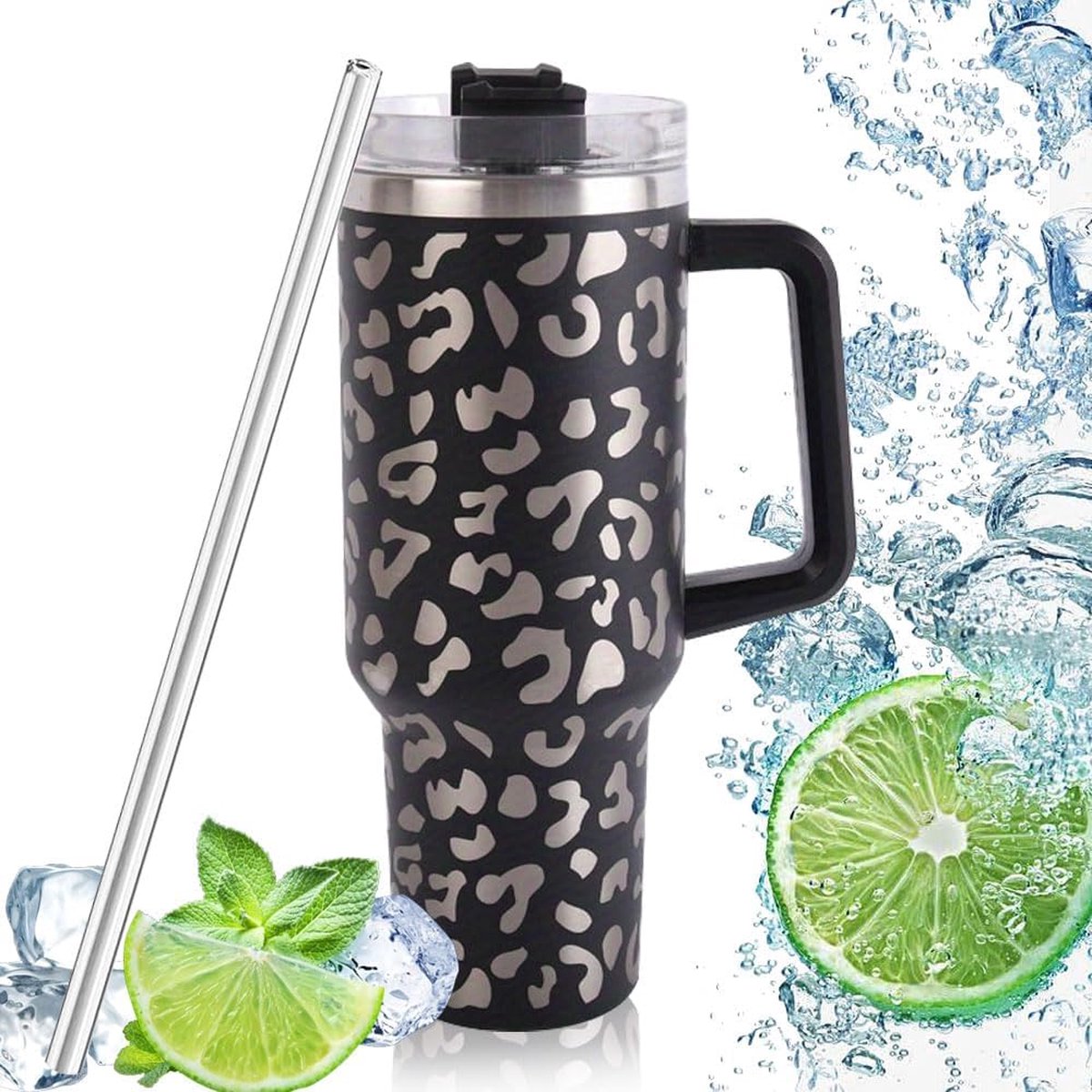 Thermobeker met rietje en handvat, thermobeker koffie to go met handvat, dubbelwandig, roestvrij staal, vacuüm isolatiebeker, 1200 ml, autobeker, reisbeker, geïsoleerde koffiebeker
