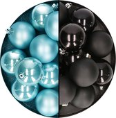 Decoris - Boules de Noël - 24x pcs - mix noir/bleu glacier - 6 cm - plastique - Décorations de Noël