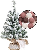 Mini kunstboom/kerstboom besneeuwd - met lichtsnoer bollen mix rood - H45 cm