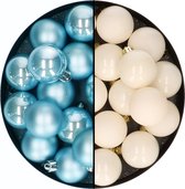 Decoris - kerstballen 32x st - mix wolwit/ijsblauw - 4 cm - kunststof - kerstversiering