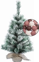 Mini kunst kerstboom besneeuwd -incl. lichtsnoer bollen mix rood - H60 cm