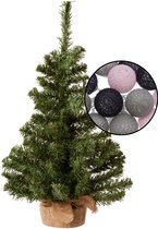 Mini kunst kerstboom groen - met lichtsnoer bollen mix grijs/lichtroze - H60 cm