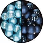 Decoris kerstballen 32x st - mix donkerblauw/ijsblauw - 4 cm - kunststof - kerstversiering
