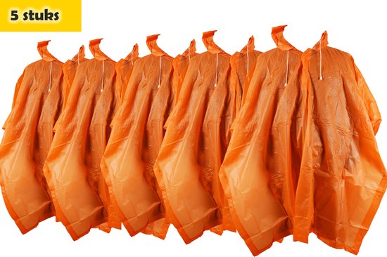 Regenponcho unisex een maat 5 stuks in de verpakking oranje - Regenponcho dames - regenponcho heren Volwassenen
