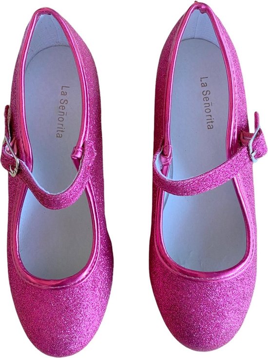 Spaanse Prinsessen schoenen fuchsia roze glitter maat 34 binnenmaat 22 cm bij. bol