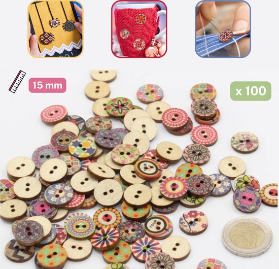 Foto: 100st bedrukte houten knopen maat 15mm mooie kleuren en designs random mix