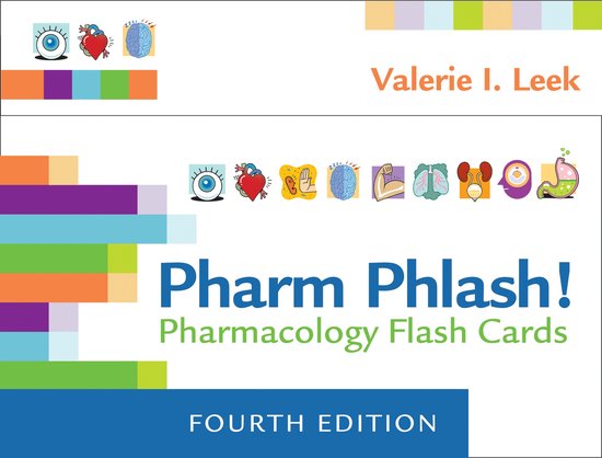 Couverture du livre Pharm Phlash! Pharmacology Flash Cards, Quatrième Édition, avec des images d'un œil, d'un cœur, d'un cerveau et de muscles.