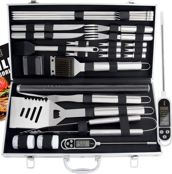 28 stuks roestvrij stalen barbecue-accessoireset, BBQ-grillbestekkoffer, barbecuebestekset, grillkoffer en grillmat, hoogwaardige grillset voor mannen