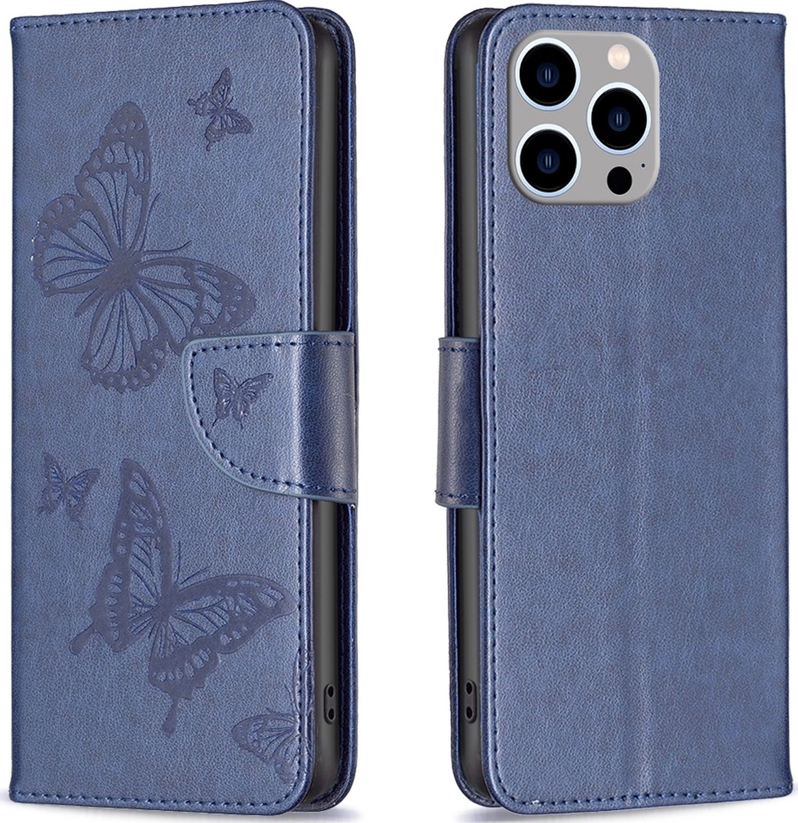 Mobigear Telefoonhoesje geschikt voor Apple iPhone 15 Pro Max Hoesje | Mobigear Butterfly Bookcase Portemonnee | Pasjeshouder voor 3 Pasjes | Telefoonhoesje voor Pinpas / OV Kaart / Rijbewijs - Blauw