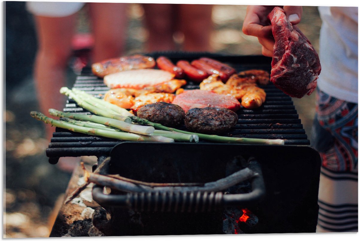 Acrylglas - Barbecue - Vlees - Groenten - Kolen - Natuur - 75x50 cm Foto op Acrylglas (Wan