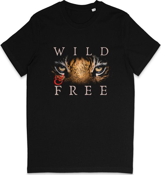 Dames Heren T Shirt - Tijger Wild and Free - Zwart - Maat M