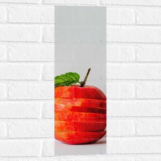 Muursticker - Appel - Gesneden - Gestapeld - Blaadje - Eten - Fruit - Rood - 20x60 cm Foto op Muursticker