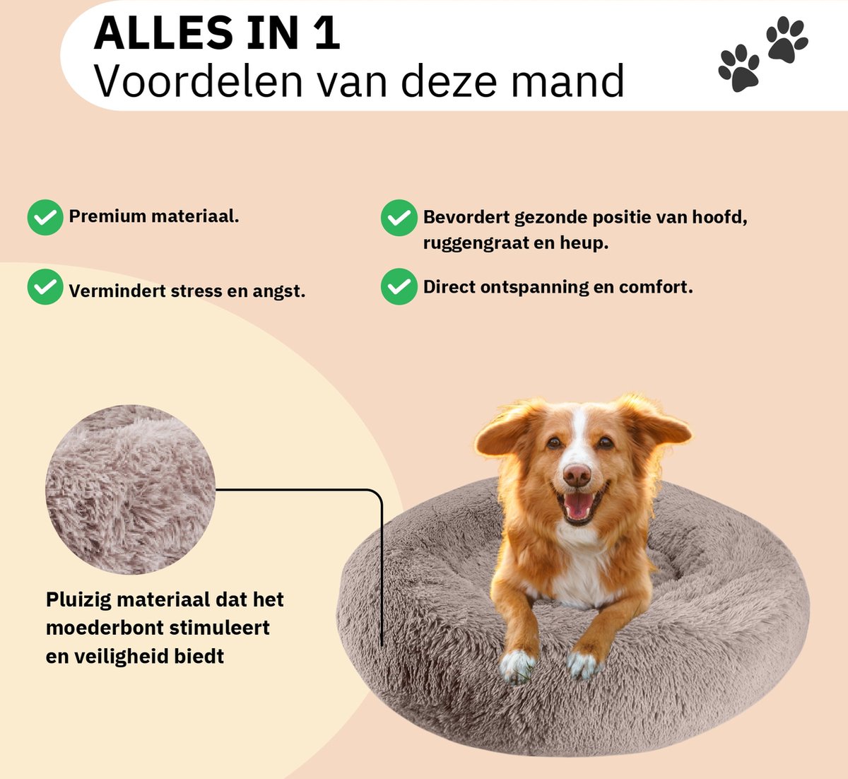 Donut Hondenmand - Kattenmand - Maat S - 50cm (ligvlak van 35cm) - Kaki - Fluffy en Wasbaar thumbnail 2