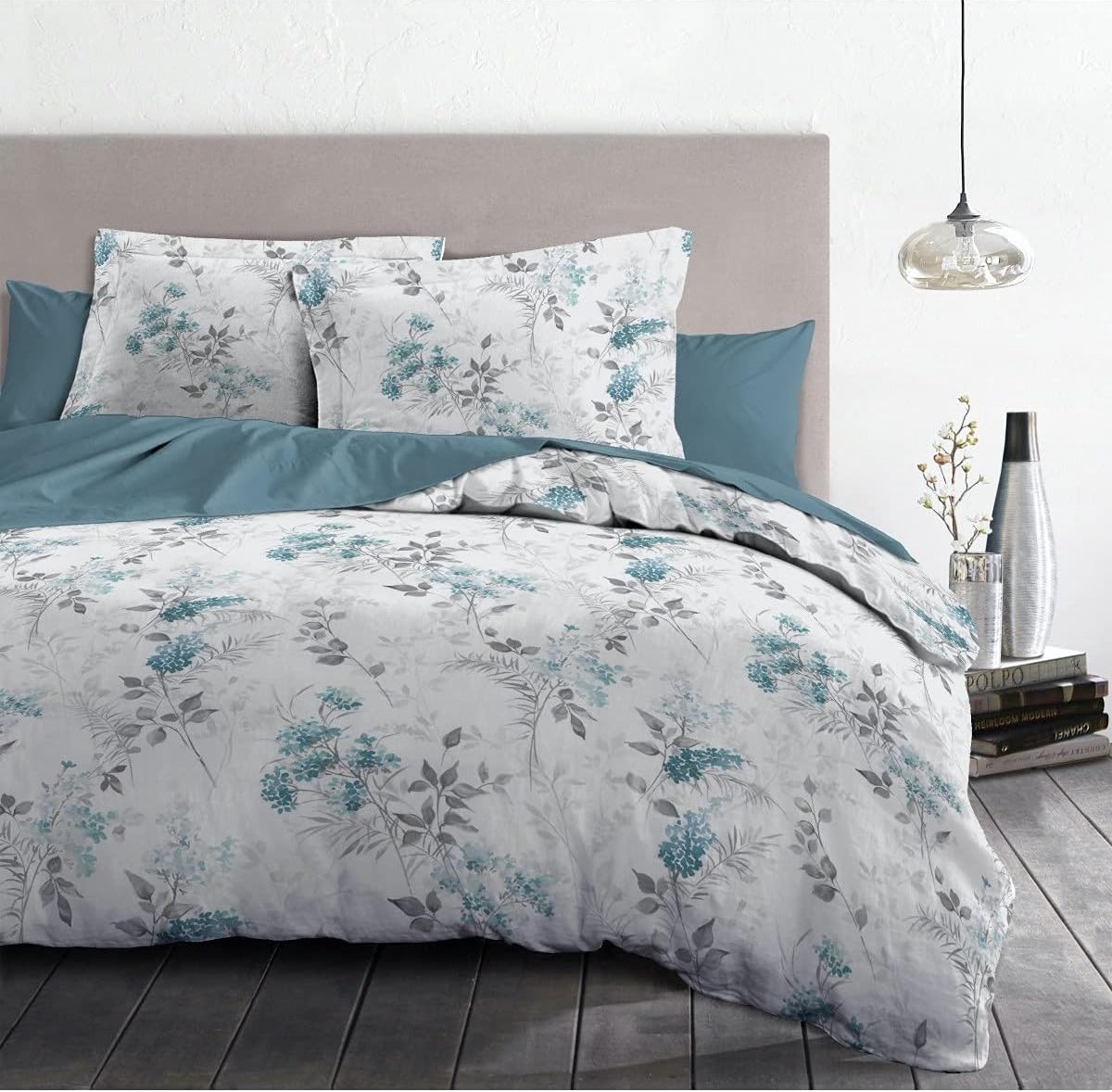 Pompadour HP62670 Dekbedovertrek, 3-delig, 100% katoen, 57 draden/cm², 220 x 240 cm, wit en blauw