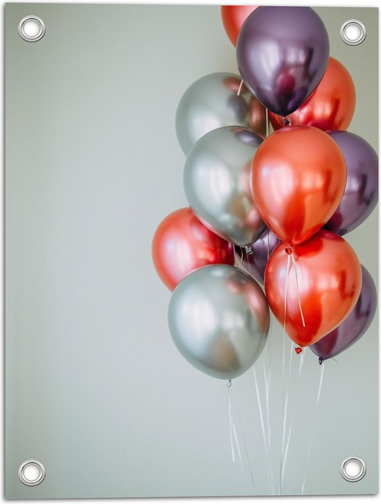 Tuinposter – Ballonnen - Metallic - Rood - Paars - Zilver - 30x40 cm Foto op Tuinposter (wanddecoratie voor buiten en binnen)