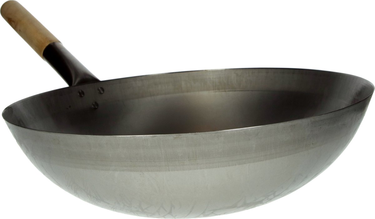 Stalen Wokpan - Ø 38 cm - Houten Handvat - Ronde bodem - Traditioneel - Exclusief Wokring