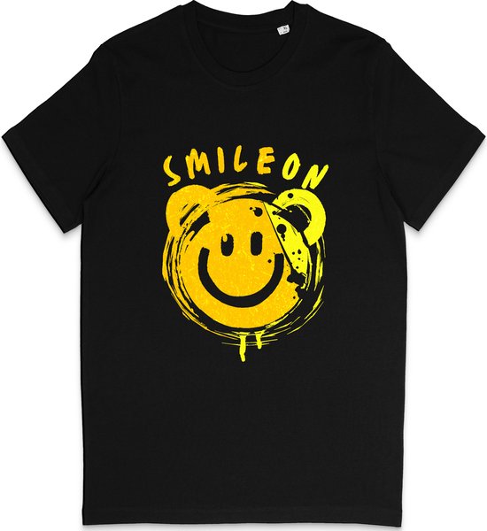 Grappig T Shirt Dames Heren - Smiley Blijf Lachen - Smile On - Zwart - Maat L