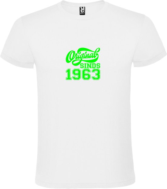 Wit T-Shirt met “Original Sinds 1963 “ Afbeelding Neon Groen Size XS