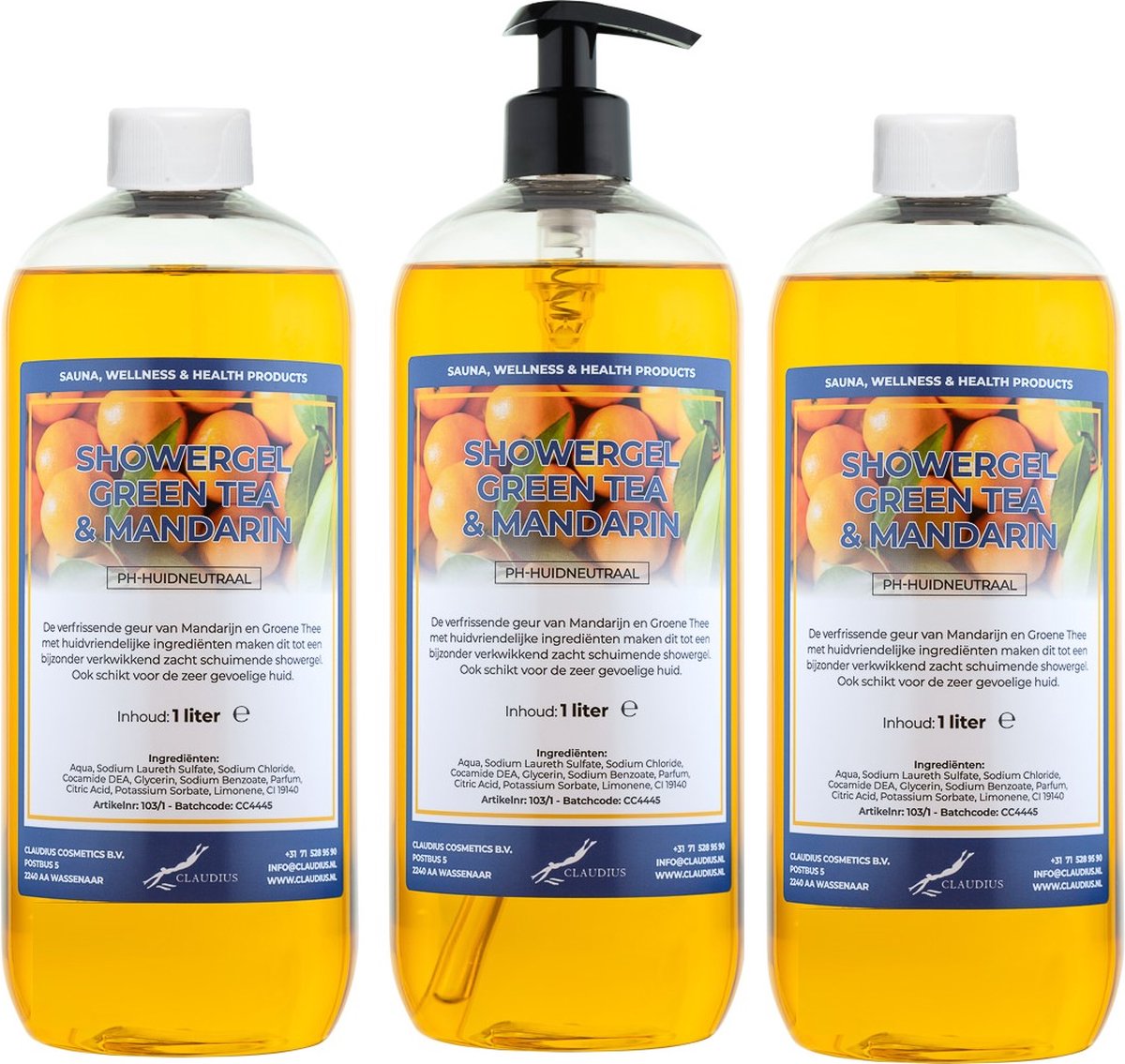 Goedkoopste Claudius Douchegel Green Tea & Mandarin 1 liter - set van 3 stuks - met gratis pomp - Showergel