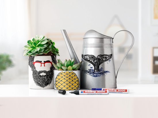 Twee plantenpotten, één met gezicht, één met ananas patroon, en een gieter met walvisstaart.