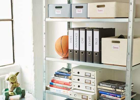 Een plank vol opbergmappen met labels en een basketbal. Op de onderste plank staan boeken.