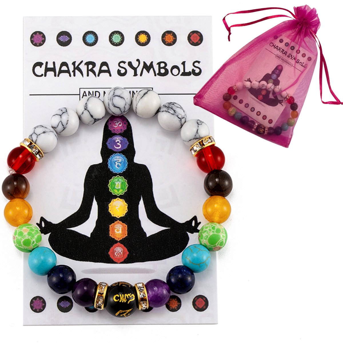Chakra elastische armband met gemarmerde kralen - 18CM - in geschenk zakje - Bijoux sieraad