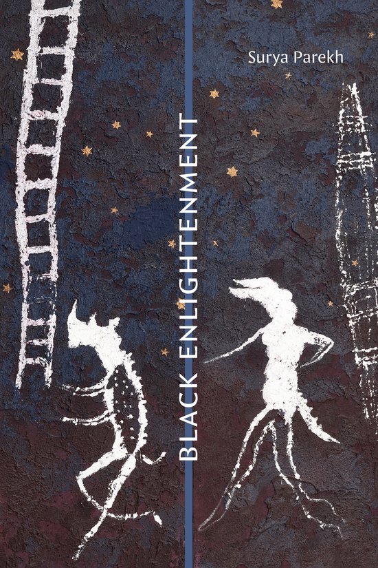 Boekomslag met de titel 'Black Enlightenment'. Abstracte figuren in wit op een donkere achtergrond met sterren.