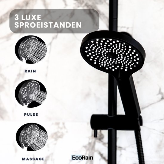 Een vrouw geniet onder de douche. Review van 'Luc Bokma' met score 4.5 uit 5 en tekst 'Fijne douche!'.