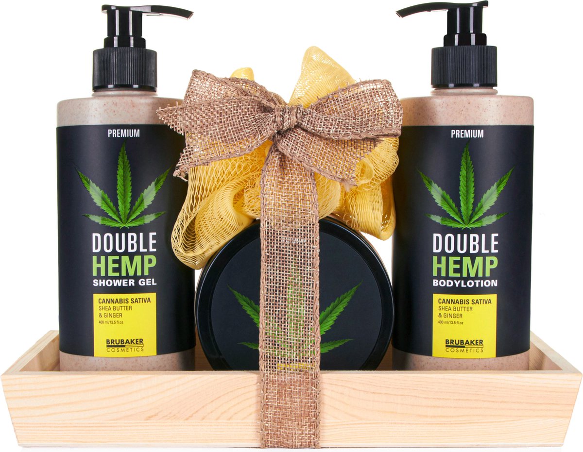 Goedkoopste BRUBAKER Cosmetica Hennepzaadolie Douche- en Verzorgingsset - Sheaboter & Gember - Cadeautip Vrouw - Cadeau Idee - met Houten dienblad