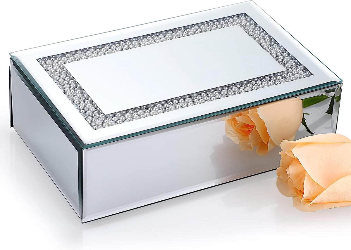 Sechteck Sieradendoosje van glas met deksel spiegelgals sieradendoos sieradendoos sieradenkoffer voor sieraden cadeau voor Moederdag bruiloft zachte nachten (zilver)