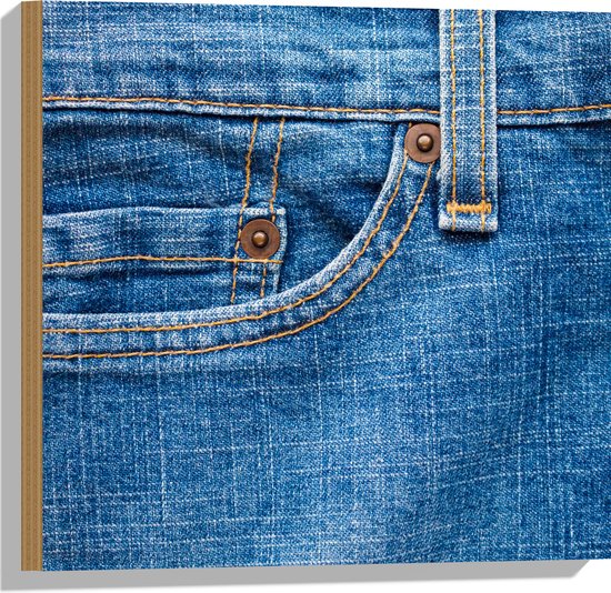 Hout - Close-up van Broekzak van Jeans - 50x50 cm - 9 mm dik - Foto op Hout (Met Ophangsysteem)