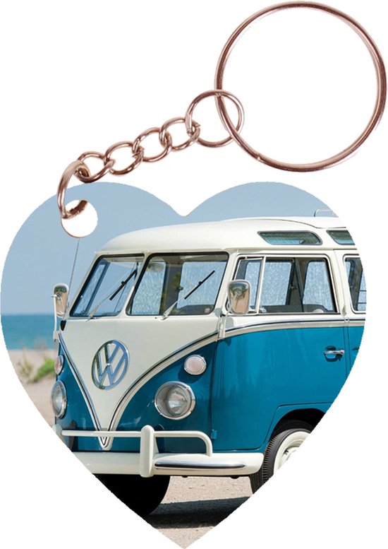 Sleutelhanger hartje 5x5cm - T1 Samba bus - Blauw - Oldtimer