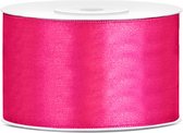 1x Hobby/decoratie donker roze satijnen sierlinten 3,8 cm/38 mm x 25 meter - Cadeaulint satijnlint/ribbon - Donker roze linten - Hobbymateriaal benodigdheden - Verpakkingsmaterialen