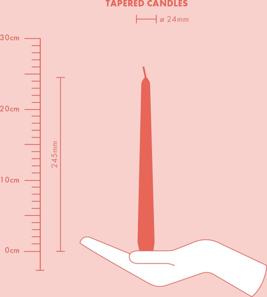 Illustratie van een slanke, zilverkleurige kaars van 245mm lang en 24mm diameter, vastgehouden in een hand.