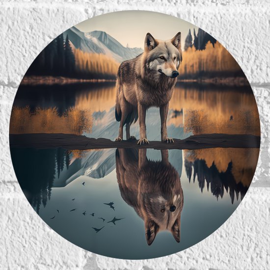 Muursticker Cirkel - Wolf in Landschap met Weerspiegeling in het Water - 20x20 cm Foto op Muursticker