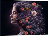 Acrylglas - Zijaanzicht van Vrouw met Kapsel van Bloemen tegen Zwarte Achtergrond - 100x75 cm Foto op Acrylglas (Wanddecoratie op Acrylaat)
