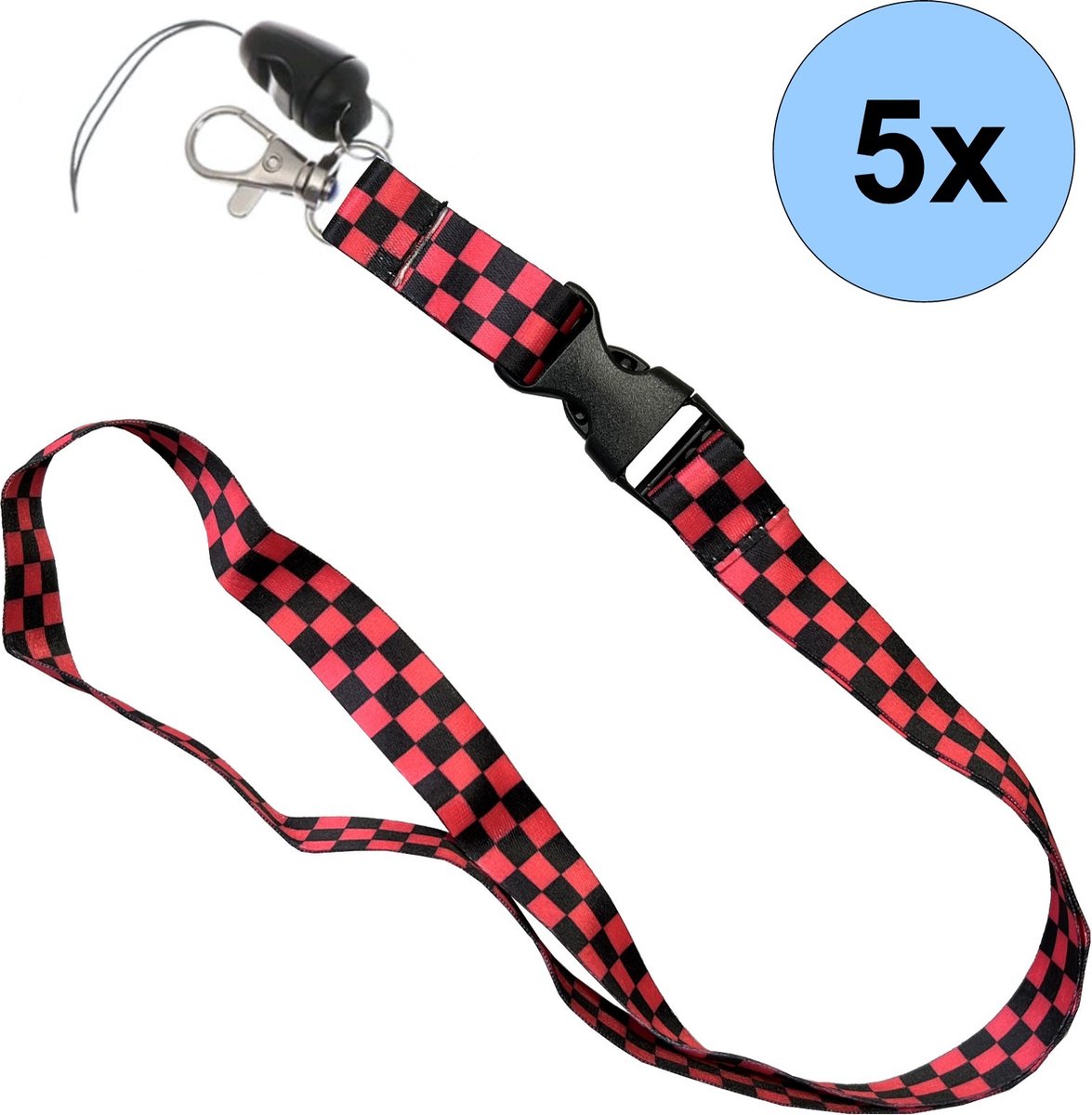 5 Keycords Geblokt Rood/Zwart Print - Keycord - Lanyard - Sleutelkoord - Badgehouder - 51cm - 20mm - Geblokt Rood/Zwart - 5 Stuks