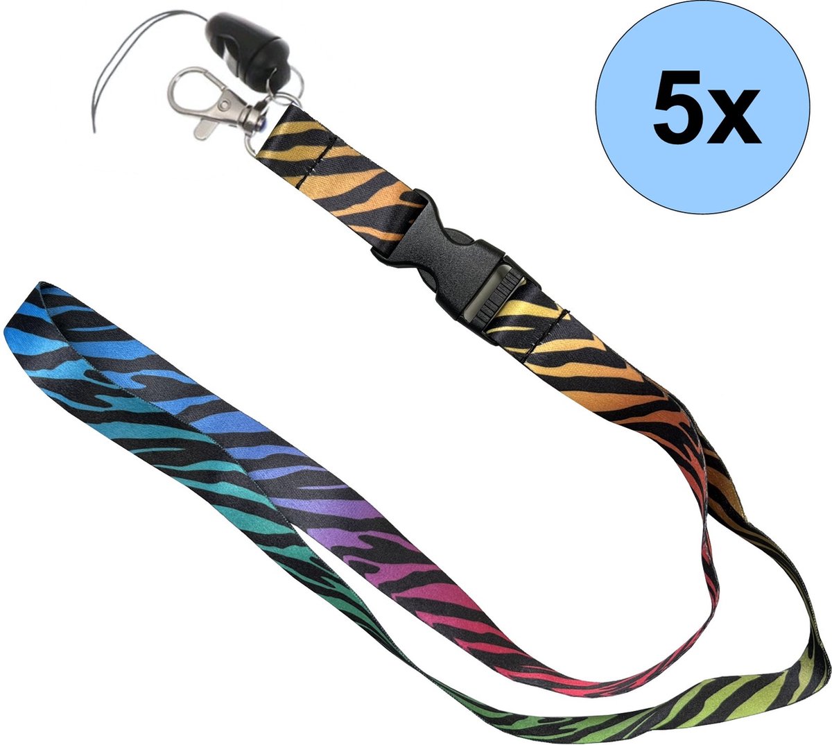 5 Keycords Zebra Regenboog Print - Keycord - Lanyard - Sleutelkoord - Badgehouder - 51cm - 20mm - Zebra Regenboog - 5 Stuks