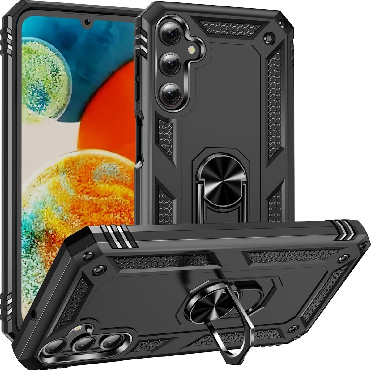 Mobigear Hoesje geschikt voor Samsung Galaxy A24 Telefoonhoesje Hardcase | Mobigear Armor Ring Backcover Shockproof met Ringhouder | Schokbestendig Galaxy A24 Telefoonhoesje | Anti Shock Proof - Zwart