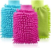 3x washandschoen voor auto en huishouden - microvezelhandschoen - chenillehandschoen - poetshandschoen voor autoverzorging, autowassen en glazenwassen (3-delige autowasset)