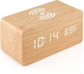 Houten wekker met draadloos opladen - Thermometer functie - Alarm wekker - Digitaal - QI wireless charger - Smartphone - Apple Iphone samsung - Gratis adapter - Beige
